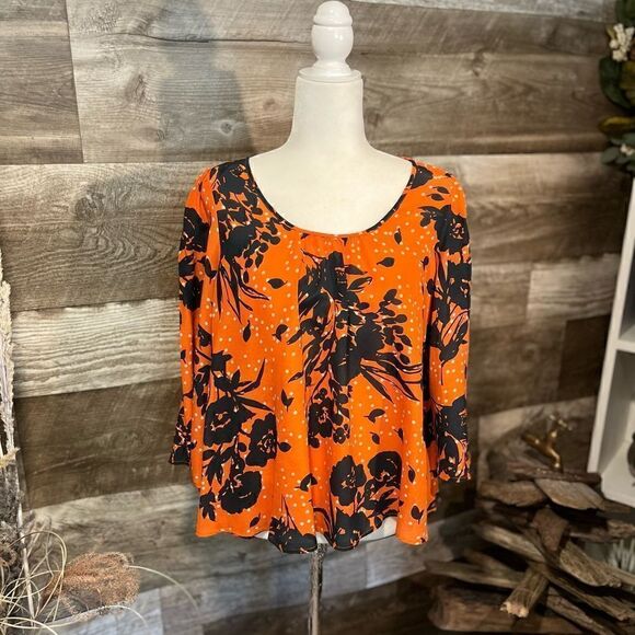 Trinity orange and navy floral scoop neck silk blouse - S - Picture 1 of 7